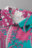 Rose Red Fashion Casual Print Patchwork Turndown Collar Shirt Dress