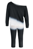 Blue Fashion Casual Gradual Change Print Letter Oblique Collar Long Sleeve Two Pieces