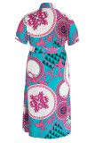 Rose Red Fashion Casual Print Patchwork Turndown Collar Shirt Dress