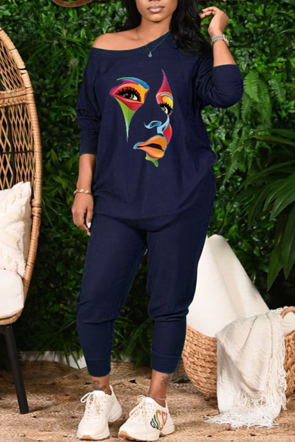 Blue Casual Print Patchwork O Neck Long Sleeve Two Pieces