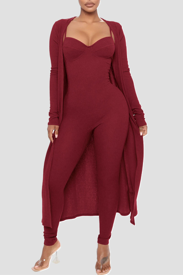 Burgundy Casual Solid Patchwork Spaghetti Strap Long Sleeve Two Pieces