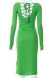 Blue Sexy Solid Backless O Neck Pencil Skirt Dresses