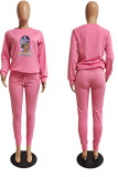 Rose Red Casual Print Patchwork O Neck Long Sleeve Two Pieces