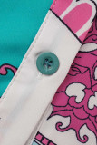Rose Red Fashion Casual Print Patchwork Turndown Collar Shirt Dress