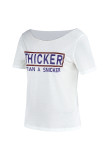White Fashion Casual Letter Print Basic Oblique Collar T-Shirts