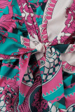Rose Red Fashion Casual Print Patchwork Turndown Collar Shirt Dress
