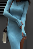 Blue Sexy Solid Backless O Neck Pencil Skirt Dresses