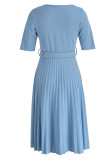Sky Blue Casual Solid Patchwork Tear With Belt O Neck A Line Dresses