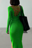 Blue Sexy Solid Backless O Neck Pencil Skirt Dresses