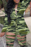 Grey Sexy Street Print Hollowed Out Turn-back Collar Two Pieces