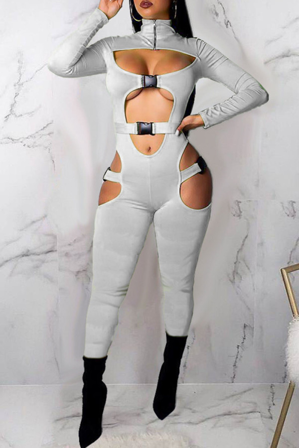Grey Sexy Solid Hollowed Out Patchwork Zipper Collar Skinny Jumpsuits