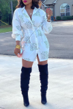 White Casual Print Patchwork Turndown Collar Shirt Dress Dresses