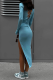 Blue Sexy Solid Backless O Neck Pencil Skirt Dresses