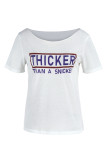 White Fashion Casual Letter Print Basic Oblique Collar T-Shirts