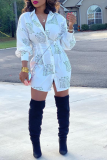 White Casual Print Patchwork Turndown Collar Shirt Dress Dresses