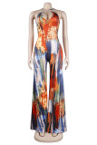 Multicolor Fashion Sexy Print Backless Spaghetti Strap Regular Jumpsuits