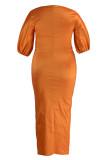 Orange Red Fashion Formal Solid Slit Square Collar Evening Dress