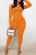 Orange Casual Print Letter O Neck Long Sleeve Two Pieces