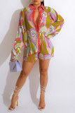 Pink Casual Print Patchwork Buckle Turndown Collar Long Sleeve Two Pieces