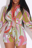 Pink Casual Print Patchwork Buckle Turndown Collar Long Sleeve Two Pieces