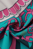 Rose Red Fashion Casual Print Patchwork Turndown Collar Shirt Dress