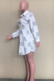 White Casual Print Patchwork Turndown Collar Shirt Dress Dresses