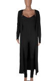 Green Casual Solid Patchwork Spaghetti Strap Long Sleeve Two Pieces