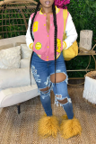 Pink Casual Print Buckle Mandarin Collar Outerwear