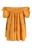 Orange Sexy Casual Solid Patchwork Backless Off the Shoulder Short Sleeve Dress