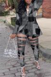 Grey Sexy Street Print Hollowed Out Turn-back Collar Two Pieces