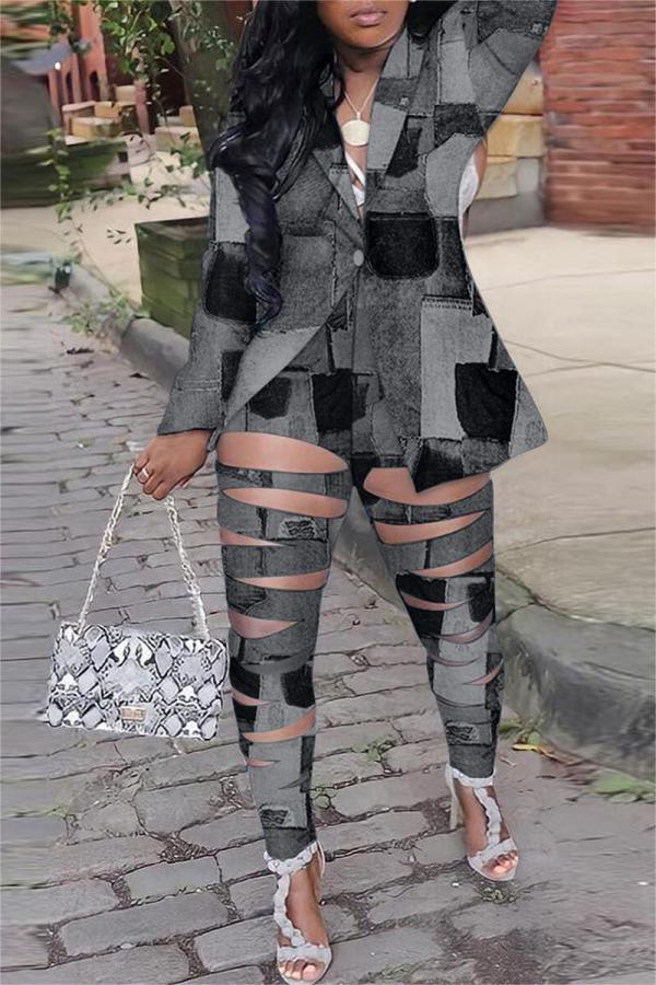 Grey Sexy Street Print Hollowed Out Turn-back Collar Two Pieces