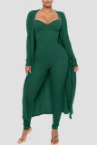 Green Casual Solid Patchwork Spaghetti Strap Long Sleeve Two Pieces