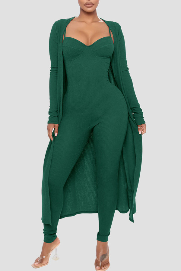 Green Casual Solid Patchwork Spaghetti Strap Long Sleeve Two Pieces