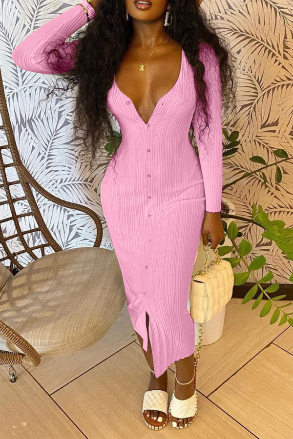 Pink Sexy Solid Buckle V Neck Pencil Skirt Dresses