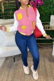 Pink Casual Print Buckle Mandarin Collar Outerwear