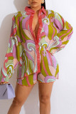 Pink Casual Print Patchwork Buckle Turndown Collar Long Sleeve Two Pieces