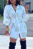 White Casual Print Patchwork Turndown Collar Shirt Dress Dresses