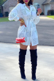 White Casual Print Patchwork Turndown Collar Shirt Dress Dresses