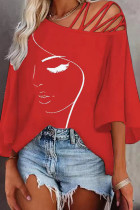 Tangerine Red Casual Print Hollowed Out Patchwork Oblique Collar T-Shirts