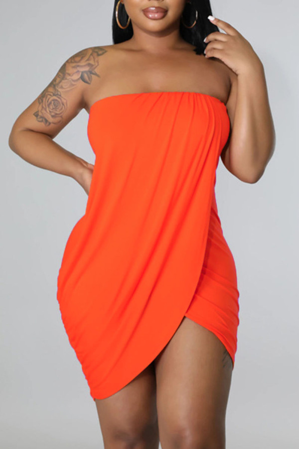 Tangerine Red Sexy Solid Patchwork Asymmetrical Strapless One Step Skirt Dresses