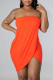 Tangerine Red Sexy Solid Patchwork Asymmetrical Strapless One Step Skirt Dresses