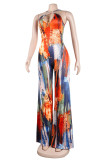 Multicolor Fashion Sexy Print Backless Spaghetti Strap Regular Jumpsuits