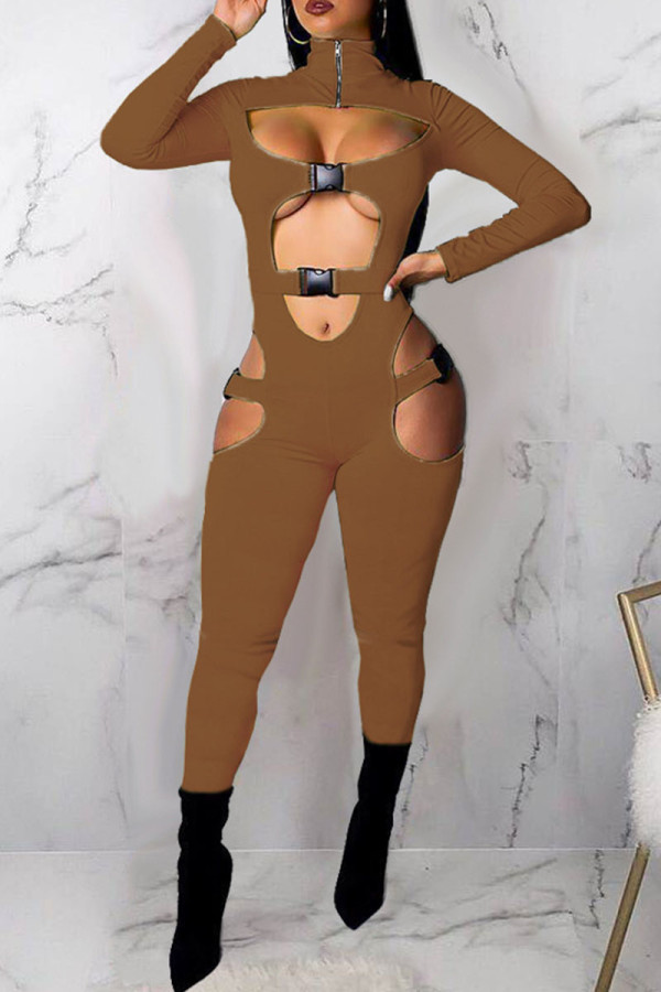 Brown Sexy Solid Hollowed Out Patchwork Zipper Collar Skinny Jumpsuits