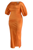 Orange Red Fashion Formal Solid Slit Square Collar Evening Dress