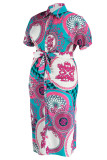 Rose Red Fashion Casual Print Patchwork Turndown Collar Shirt Dress