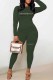 Army Green Casual Print Letter O Neck Long Sleeve Two Pieces