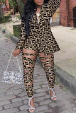 Grey Sexy Street Print Hollowed Out Turn-back Collar Two Pieces
