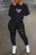 Black Casual Print Ripped Patchwork Zipper Collar Long Sleeve Two Pieces