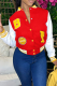 Red Casual Print Buckle Mandarin Collar Outerwear