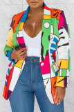 Blue Fashion Casual Print Patchwork Cardigan Turn-back Collar Outerwear